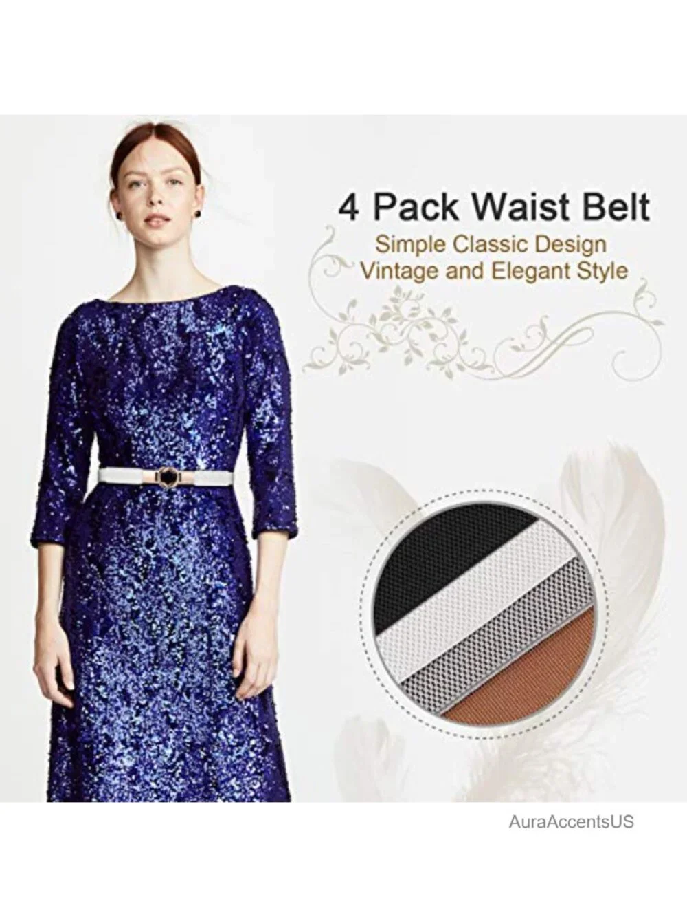 Stretchy Skinny Waist Belt with Gold Buckle Set of 4 Dresses Retro